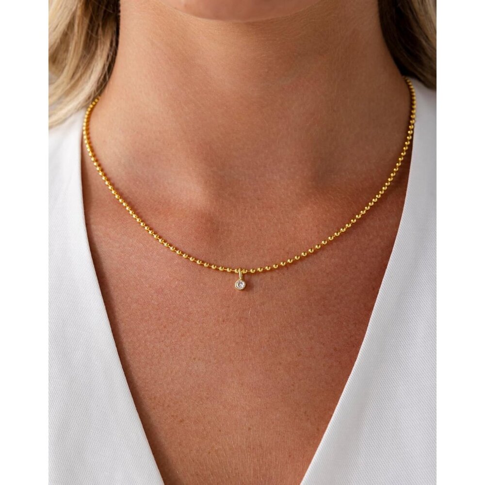 14K Gold Plated Dainty Tube Ball Square Beaded Chain Bezel Set Solitaire Pendant - Picture 2 of 4